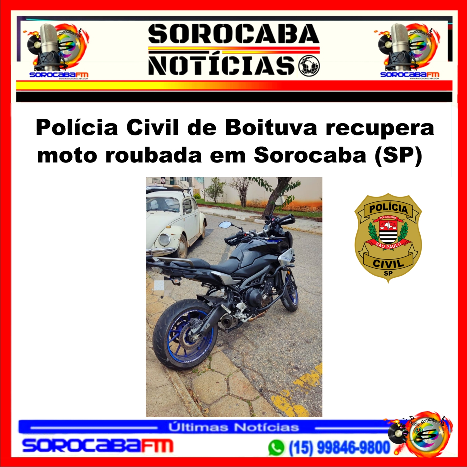 Polícia Civil de Boituva recupera moto roubada em Sorocaba (SP)